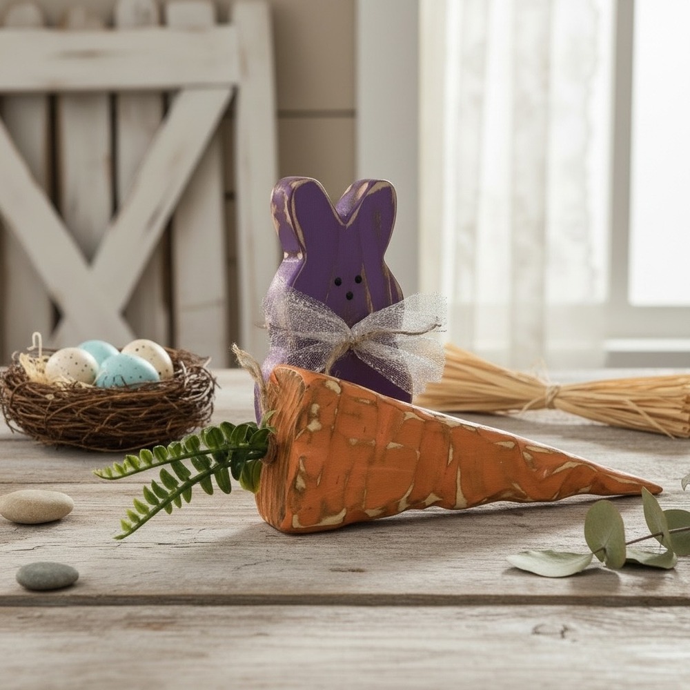 Rustic Wooden Easter Bunny and Carrot Decor Set Purple‎ Distressed Farmhouse